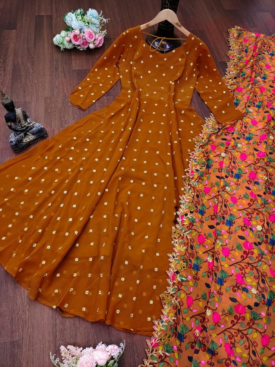 Elegant Mustard Anarkali Kurti with Floral Embroidered Dupatta - Festive & Ethnic Wear for Women