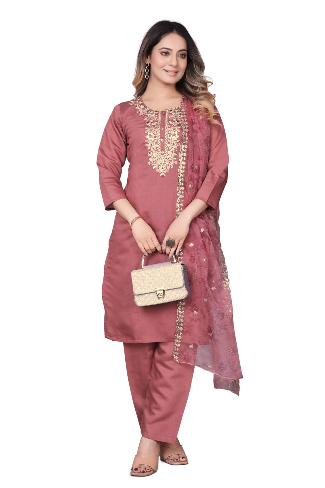 Pink Embroidered Straight-Cut Salwar Suit Set