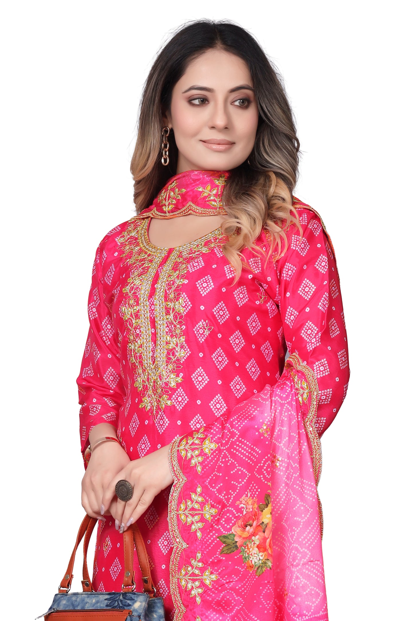 Pink Printed Kurta Set with Embroidered Neckline & Dupatta