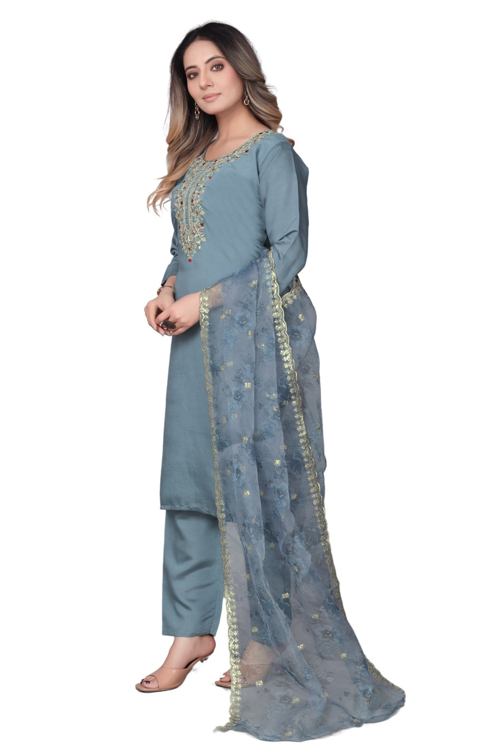 Grey Embroidered Straight-Cut Salwar Suit Set