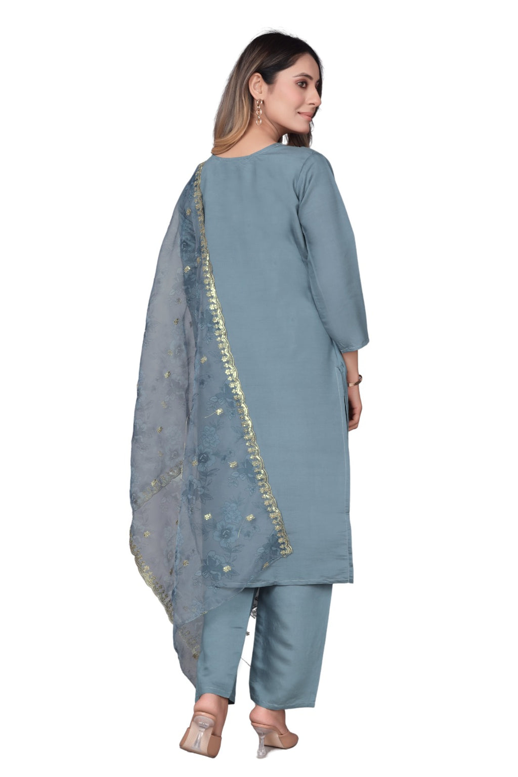 Grey Embroidered Straight-Cut Salwar Suit Set