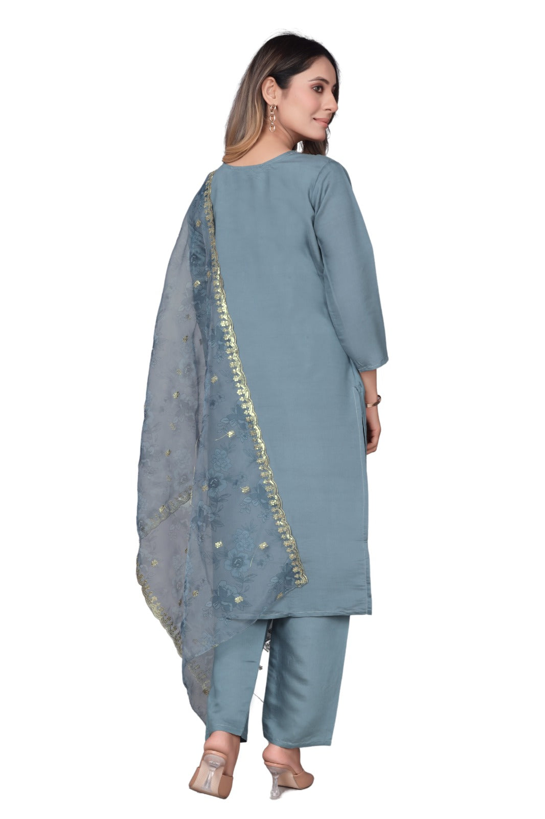 Grey Embroidered Straight-Cut Salwar Suit Set