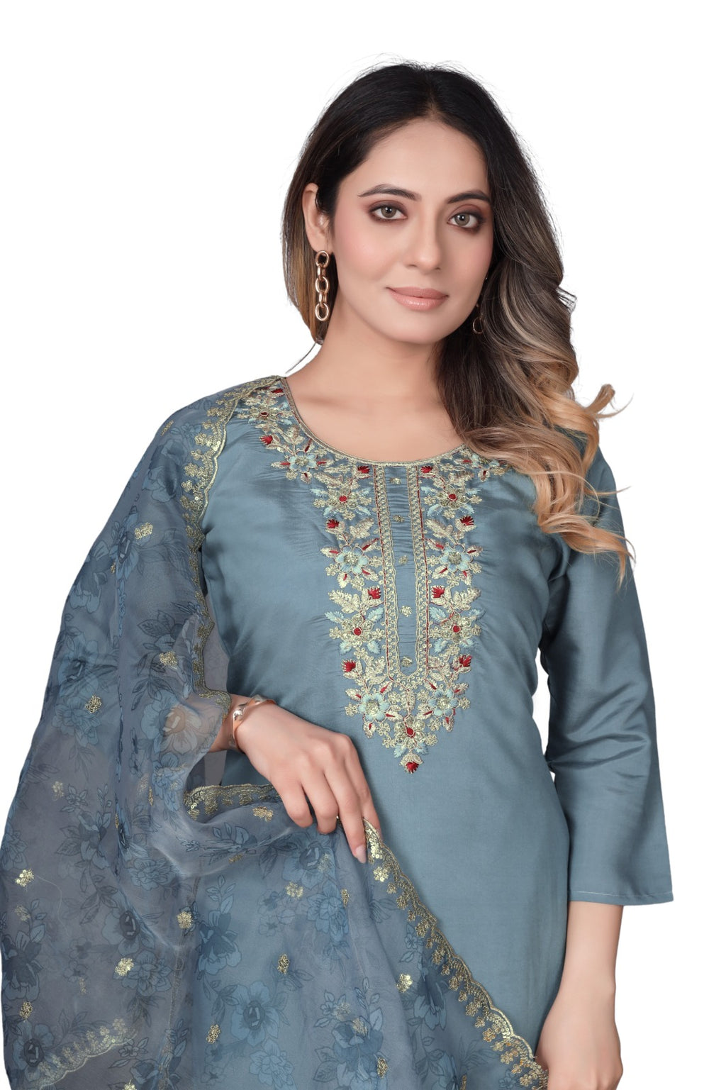 Grey Embroidered Straight-Cut Salwar Suit Set