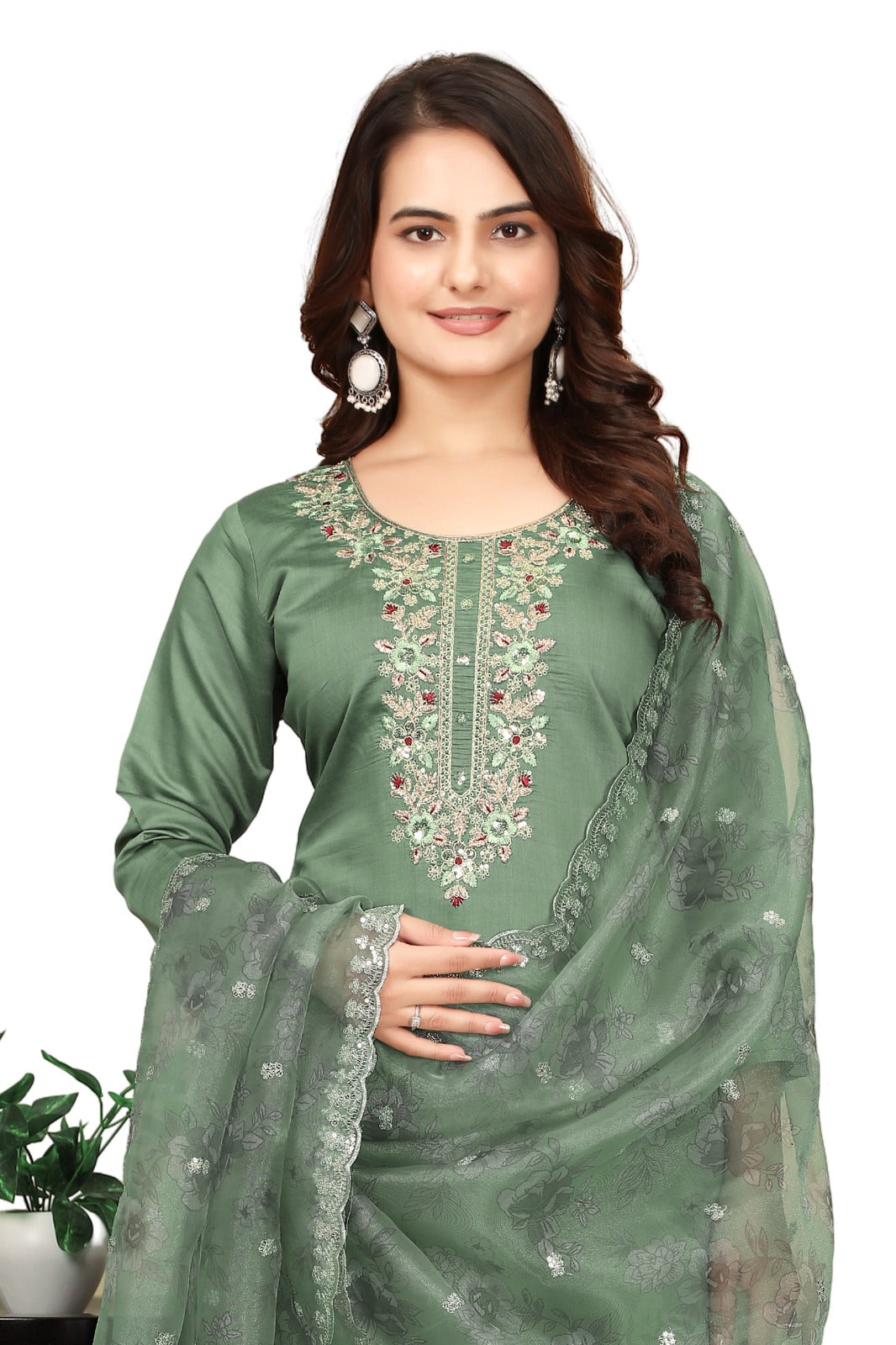 Green Embroidered Straight-Cut Salwar Suit Set
