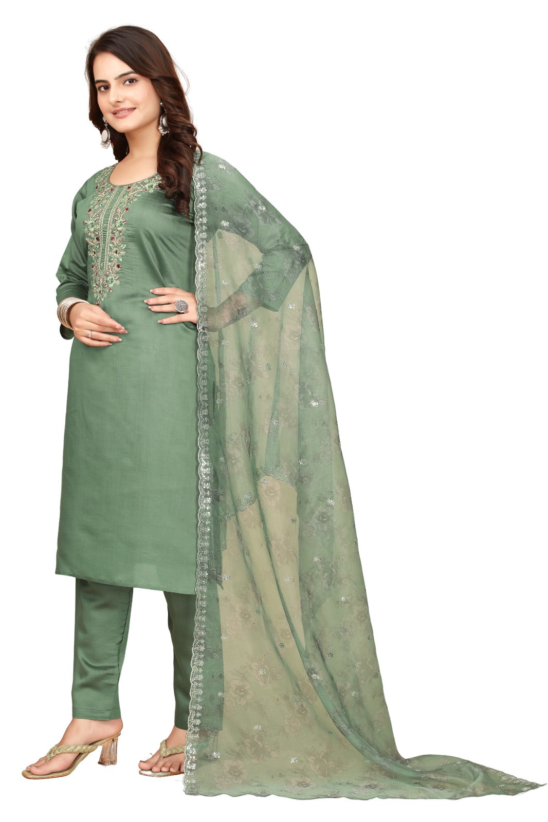 Green Embroidered Straight-Cut Salwar Suit Set