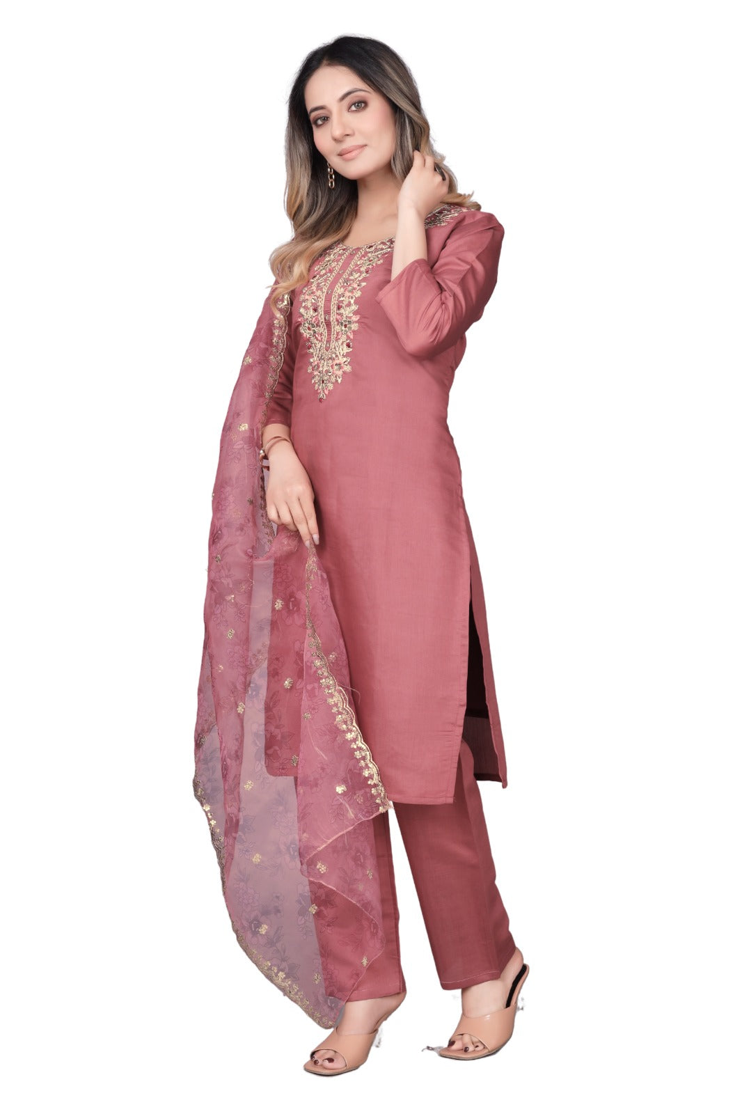 Pink Embroidered Straight-Cut Salwar Suit Set
