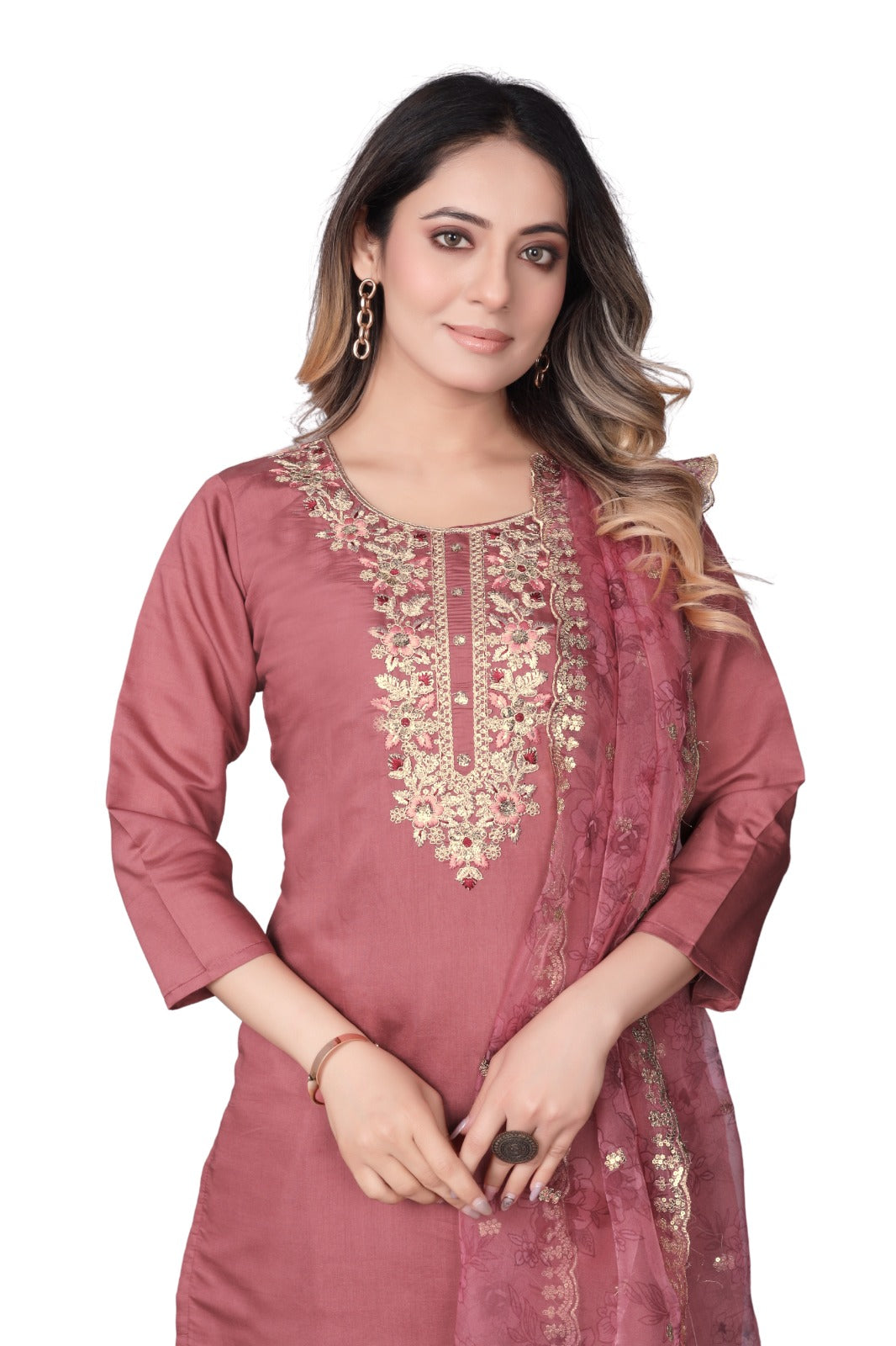 Pink Embroidered Straight-Cut Salwar Suit Set