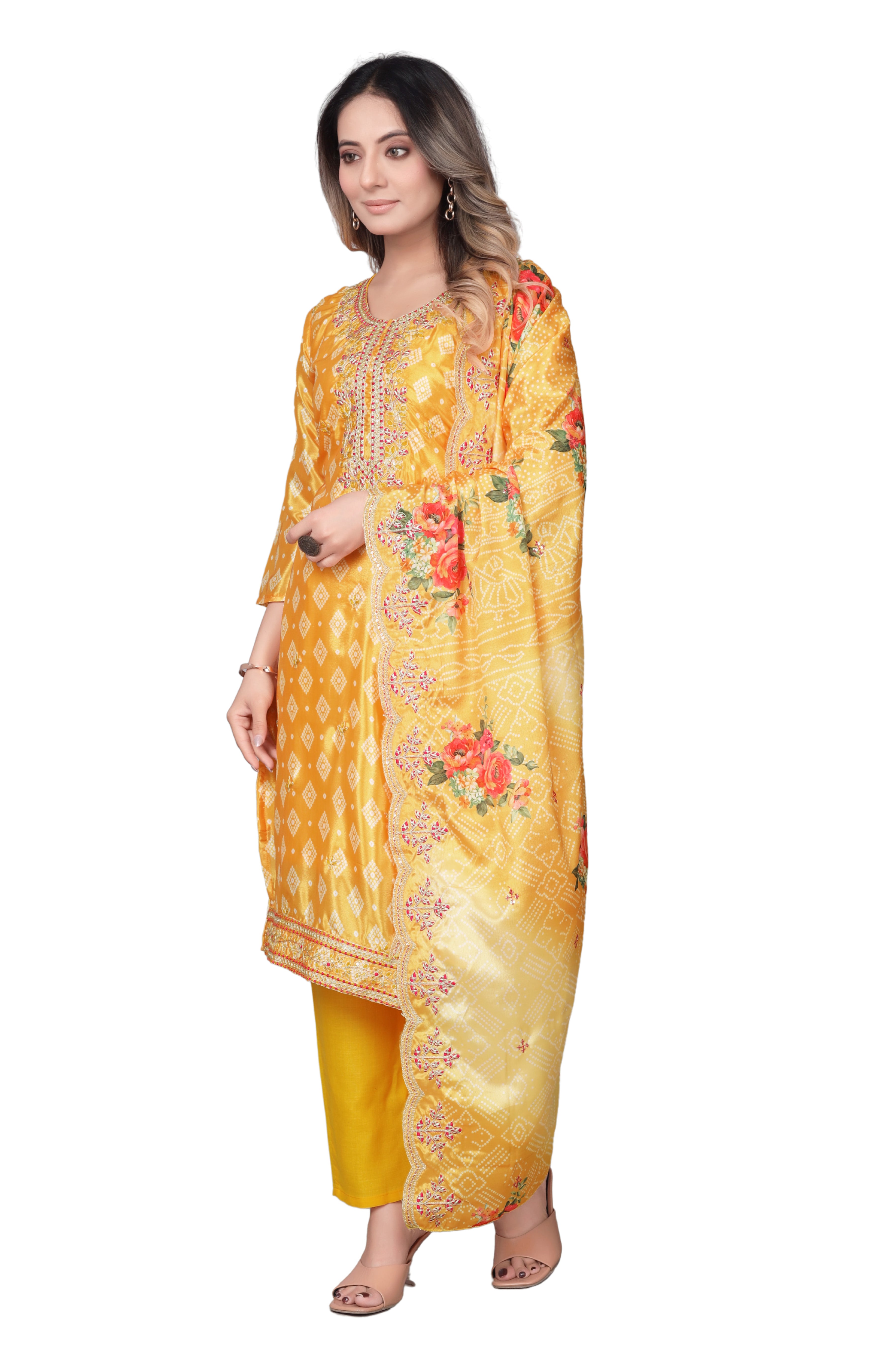 Yellow Printed Kurta Set with Embroidered Neckline & Dupatta