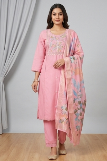 Elegant Pink Kurta Set with Floral Dupatta