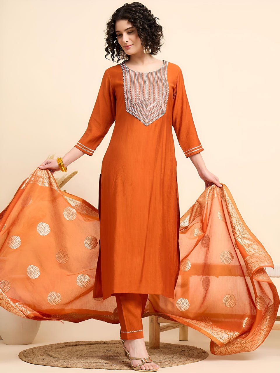 Elegant Orange Embroidered Kurta Set with Dupatta for Women | Festive & Ethnic Wear