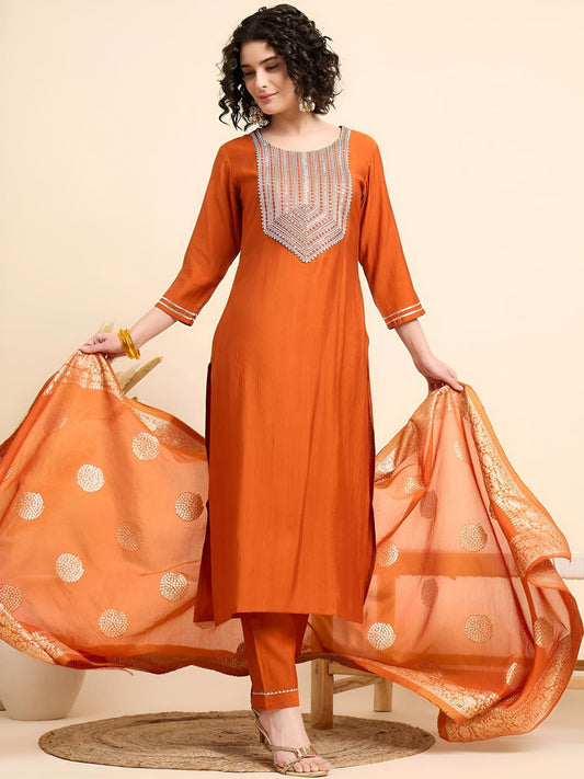 Elegant Orange Embroidered Kurta Set with Dupatta for Women | Festive & Ethnic Wear