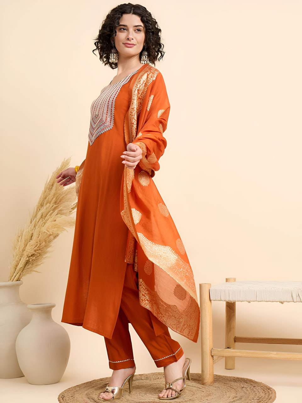 Elegant Orange Embroidered Kurta Set with Dupatta for Women | Festive & Ethnic Wear
