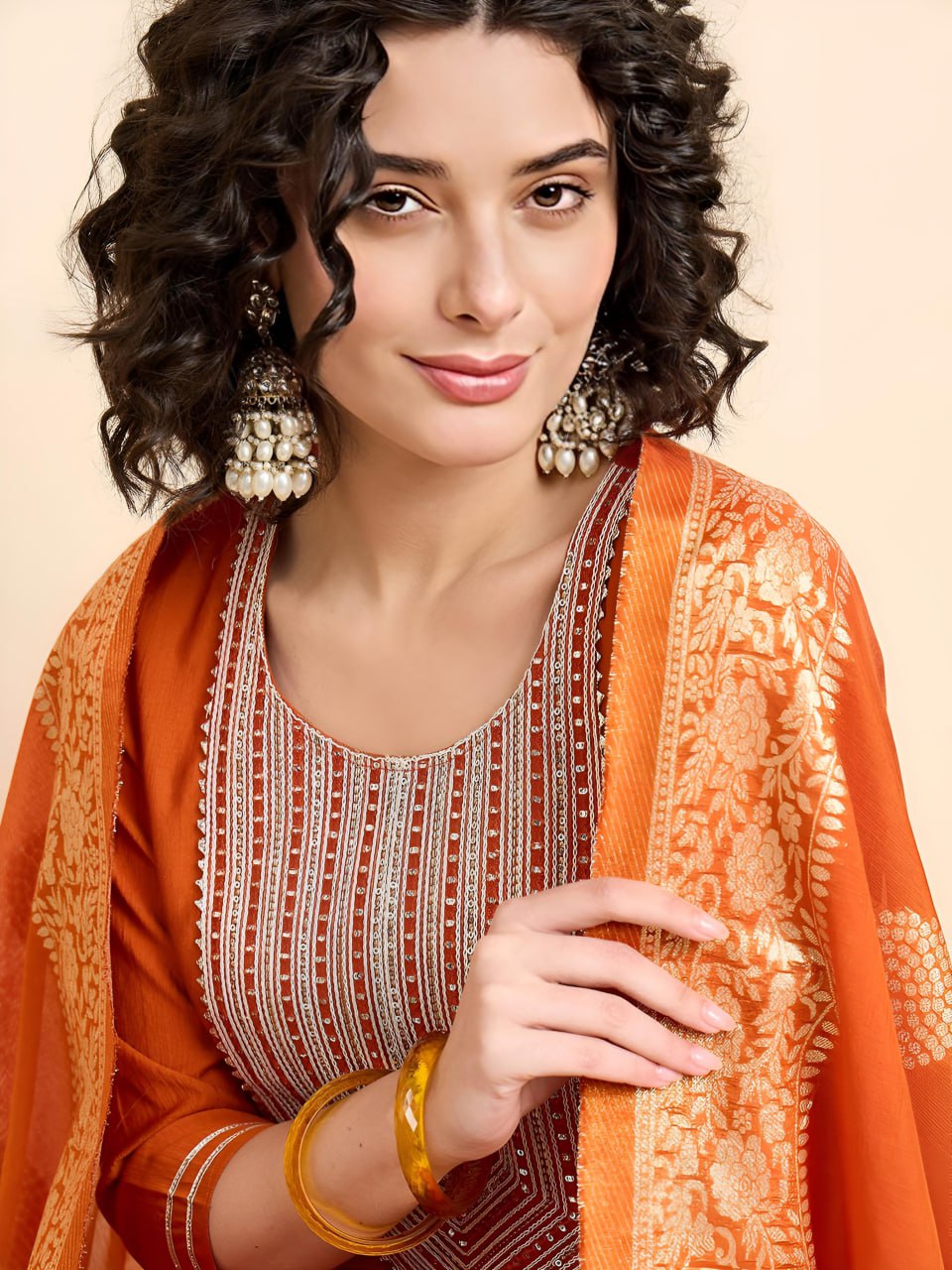 Elegant Orange Embroidered Kurta Set with Dupatta for Women | Festive & Ethnic Wear