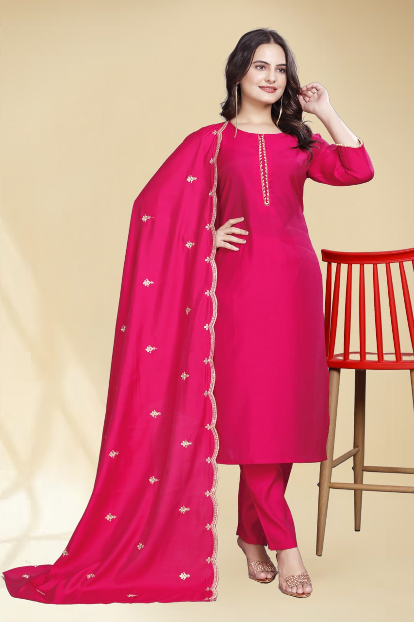 Stylish Pink Solid Kurta Set with Embroidered Dupatta | Elegant Ethnic Wear for Women