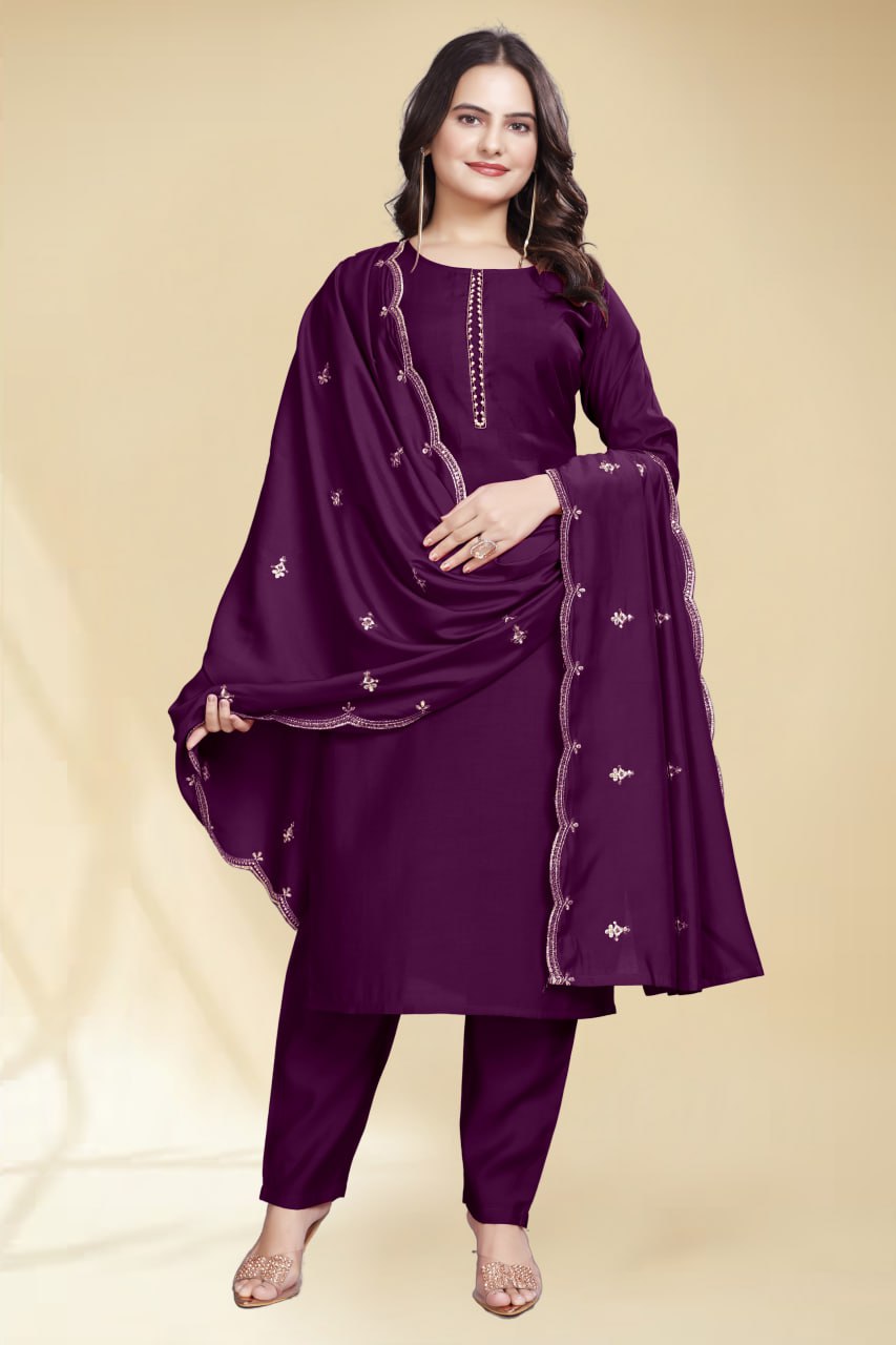 Stylish Wine Solid Kurta Set with Embroidered Dupatta | Elegant Ethnic Wear for Women