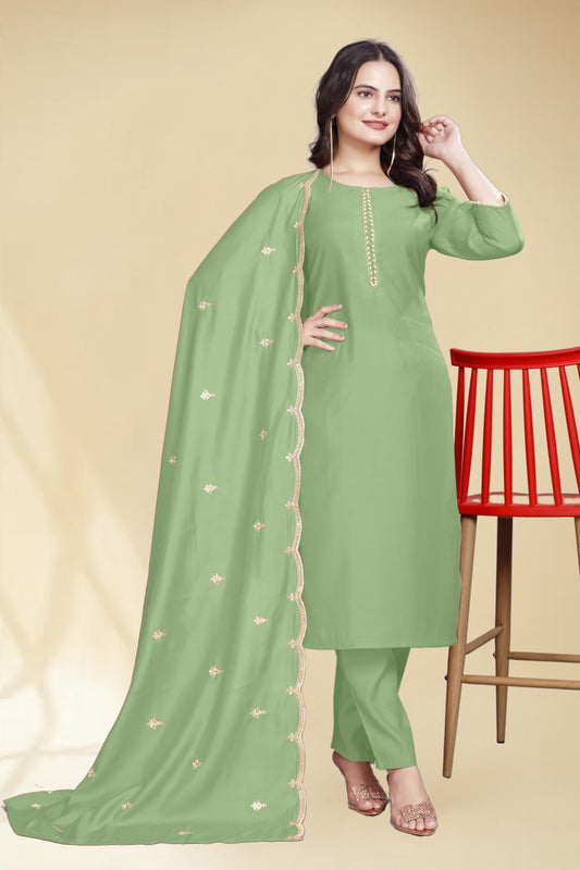 Stylish Mintgreen Solid Kurta Set with Embroidered Dupatta | Elegant Ethnic Wear for Women