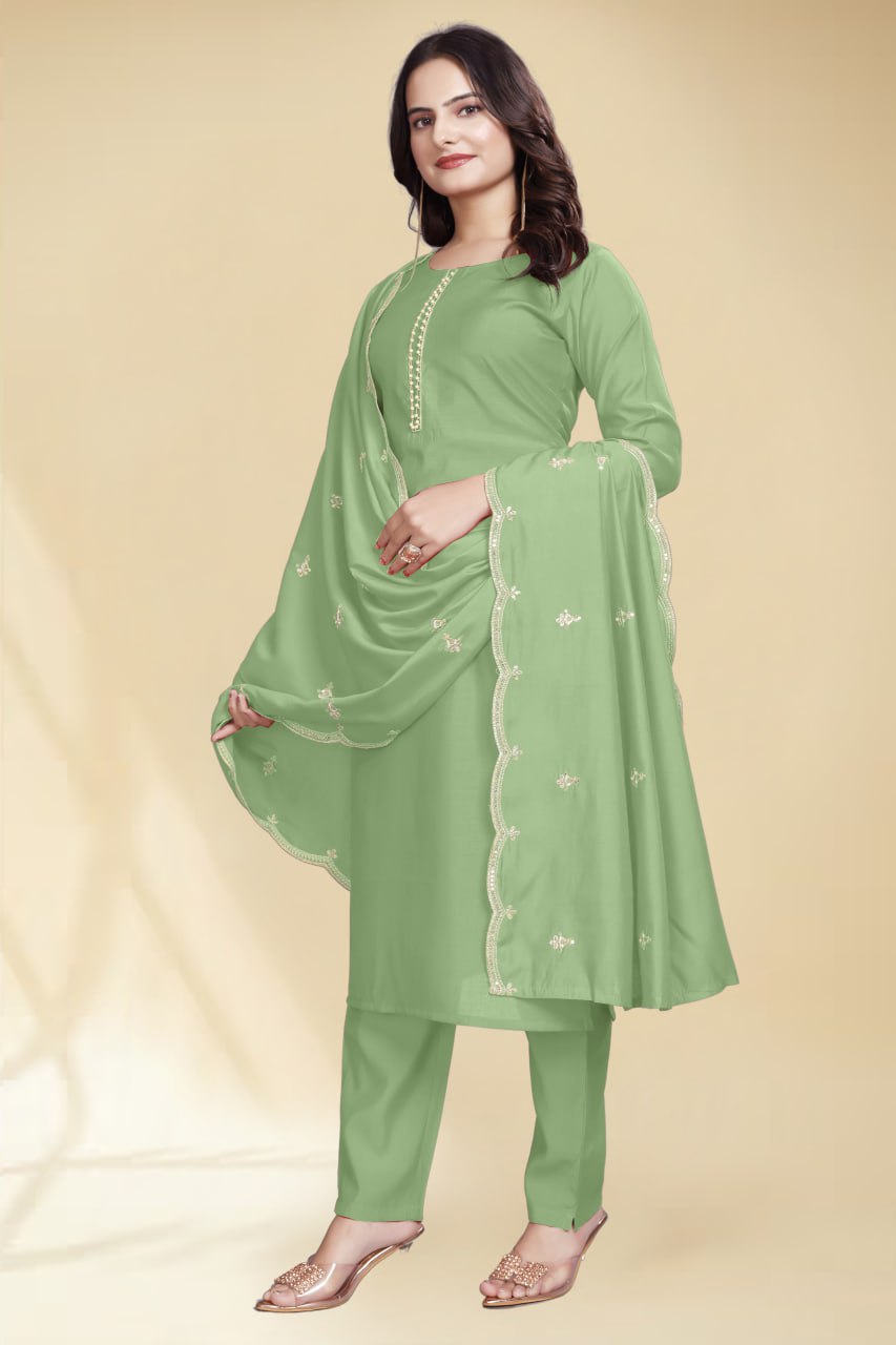 Stylish Mintgreen Solid Kurta Set with Embroidered Dupatta | Elegant Ethnic Wear for Women