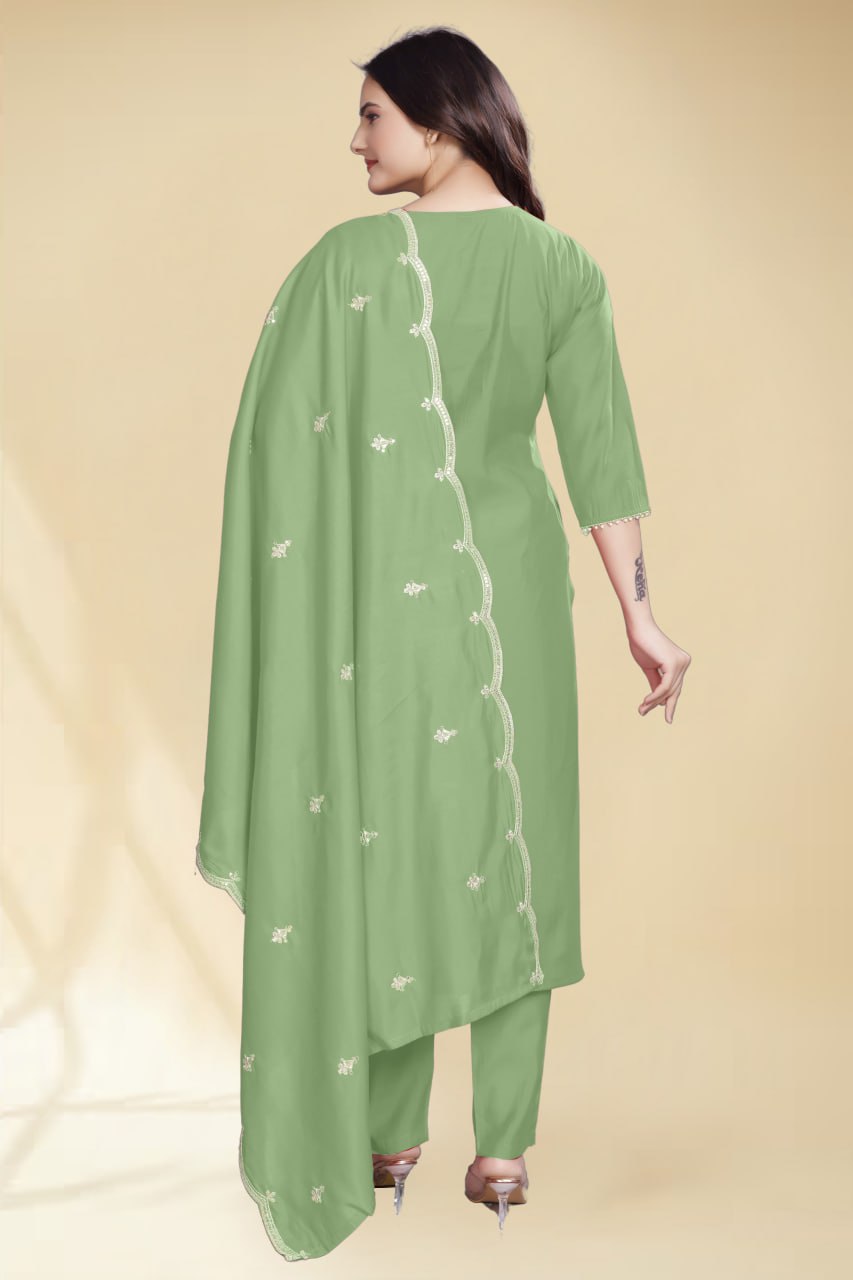 Stylish Mintgreen Solid Kurta Set with Embroidered Dupatta | Elegant Ethnic Wear for Women