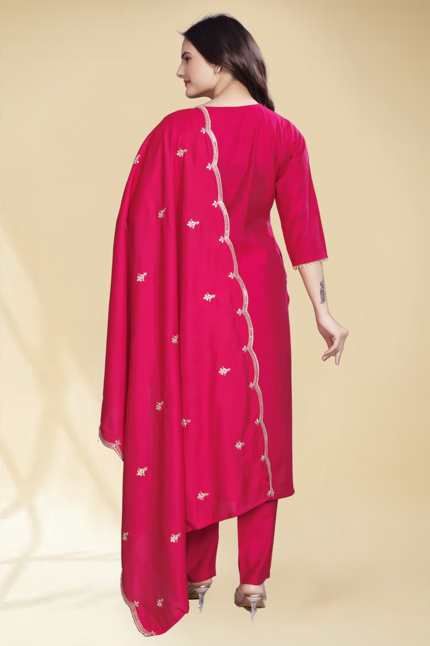 Stylish Pink Solid Kurta Set with Embroidered Dupatta | Elegant Ethnic Wear for Women