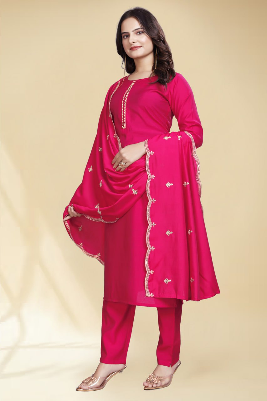 Stylish Pink Solid Kurta Set with Embroidered Dupatta | Elegant Ethnic Wear for Women