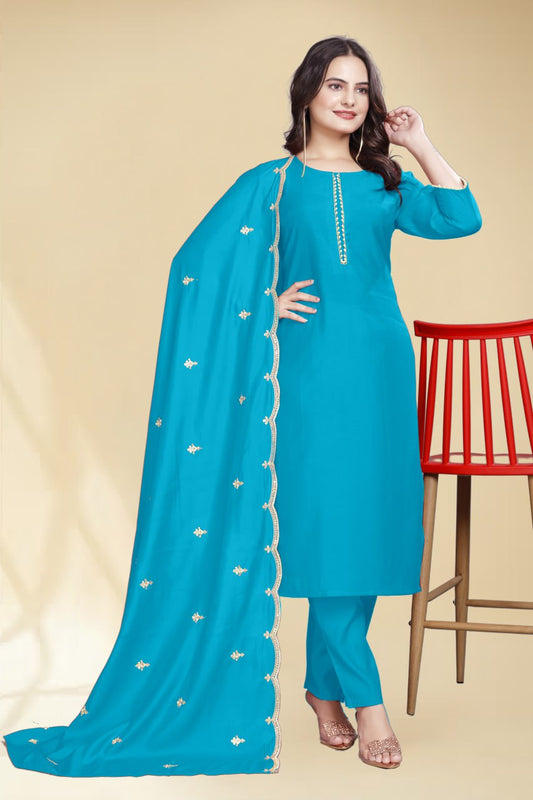 Stylish Firozi Solid Kurta Set with Embroidered Dupatta | Elegant Ethnic Wear for Women