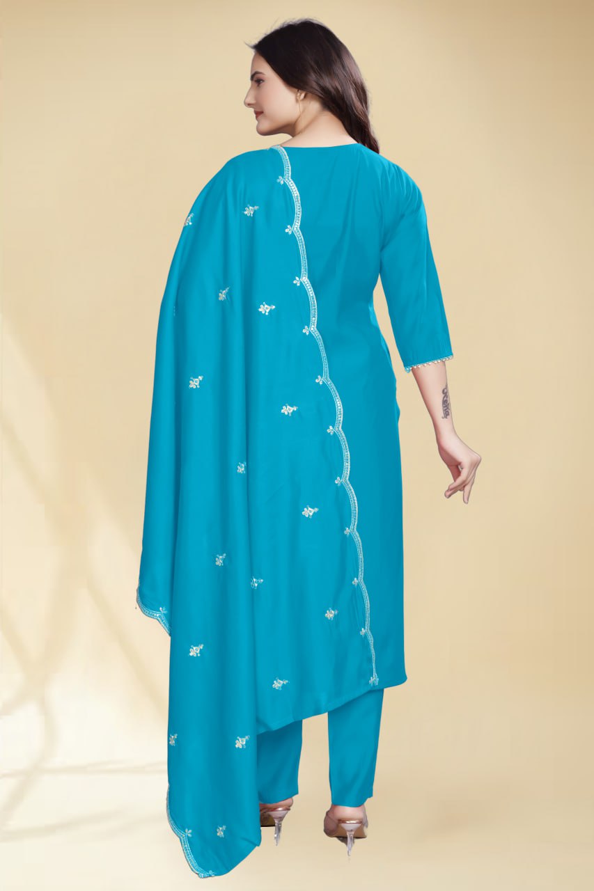 Stylish Firozi Solid Kurta Set with Embroidered Dupatta | Elegant Ethnic Wear for Women