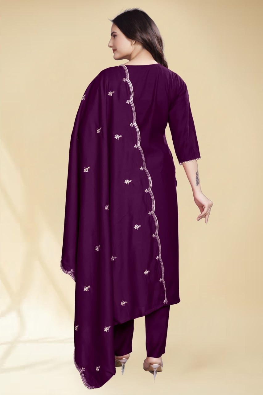 Stylish Wine Solid Kurta Set with Embroidered Dupatta | Elegant Ethnic Wear for Women