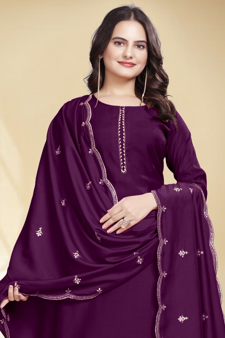 Stylish Wine Solid Kurta Set with Embroidered Dupatta | Elegant Ethnic Wear for Women