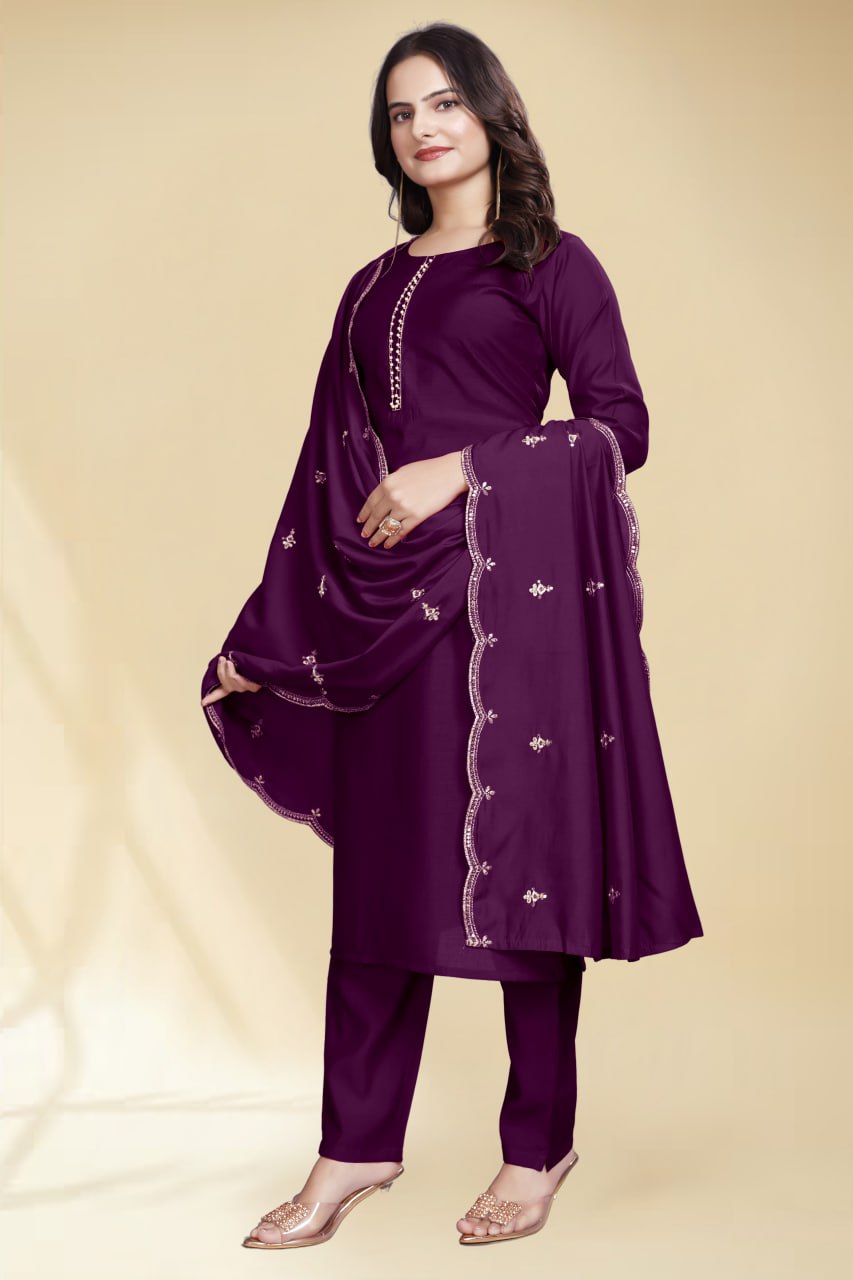 Stylish Wine Solid Kurta Set with Embroidered Dupatta | Elegant Ethnic Wear for Women