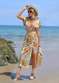 Women's Floral Beach Maxi Dress – Summer Boho Cutout Tie Front Dress with Slit