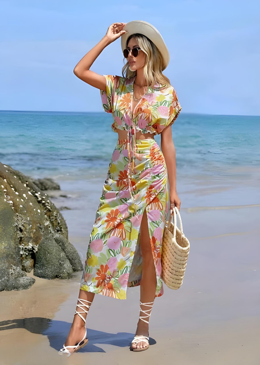 Women's Floral Beach Maxi Dress – Summer Boho Cutout Tie Front Dress with Slit