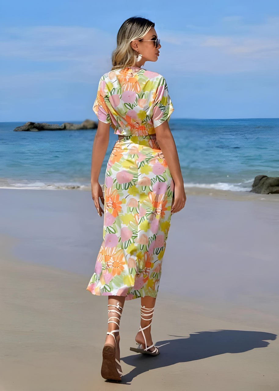 Women's Floral Beach Maxi Dress – Summer Boho Cutout Tie Front Dress with Slit
