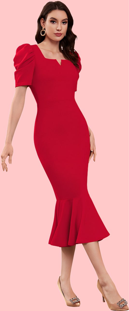 Elegant Red Mermaid Midi Dress with Puff Sleeves and Notch Neckline
