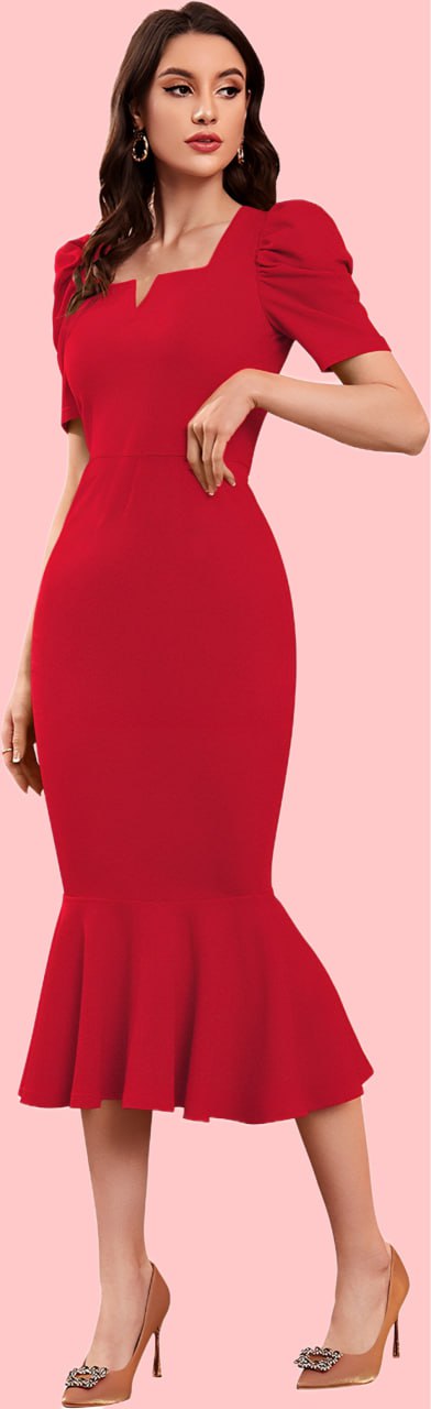 Elegant Red Mermaid Midi Dress with Puff Sleeves and Notch Neckline