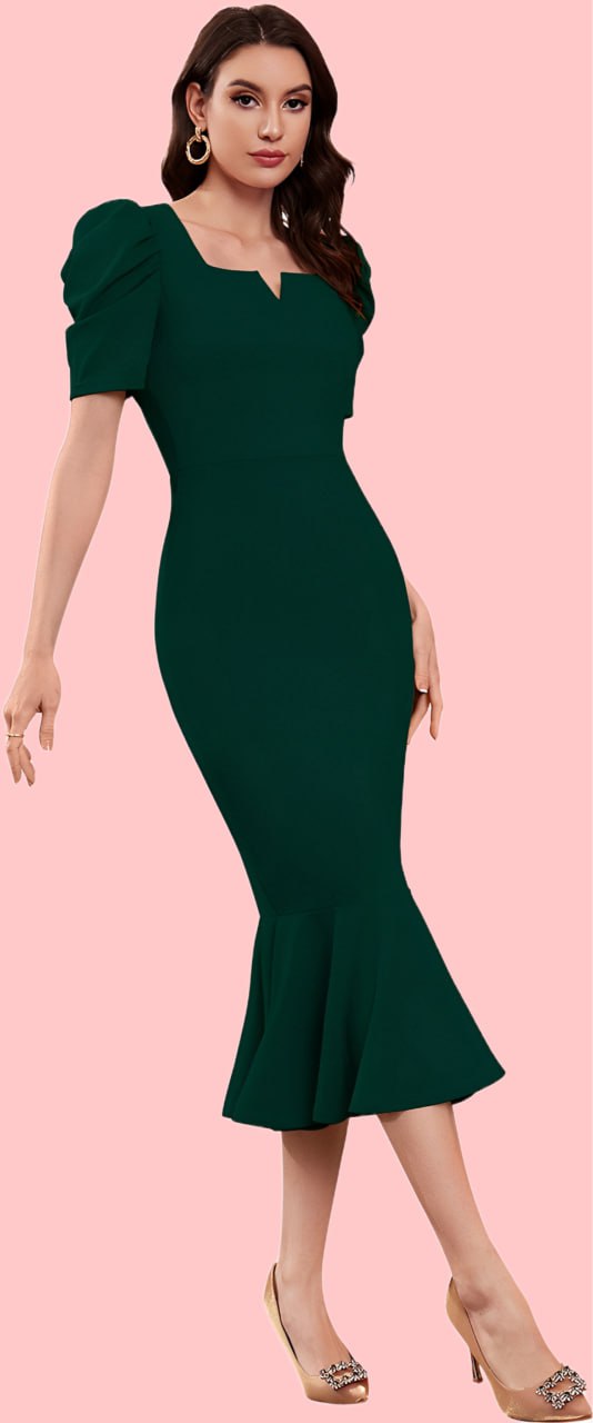 Elegant Green Mermaid Midi Dress with Puff Sleeves and Notch Neckline