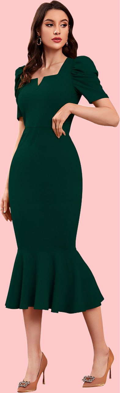 Elegant Green Mermaid Midi Dress with Puff Sleeves and Notch Neckline