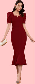 Elegant Maroon Mermaid Midi Dress with Puff Sleeves and Notch Neckline
