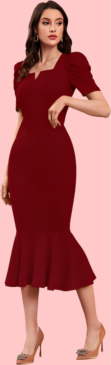 Elegant Maroon Mermaid Midi Dress with Puff Sleeves and Notch Neckline