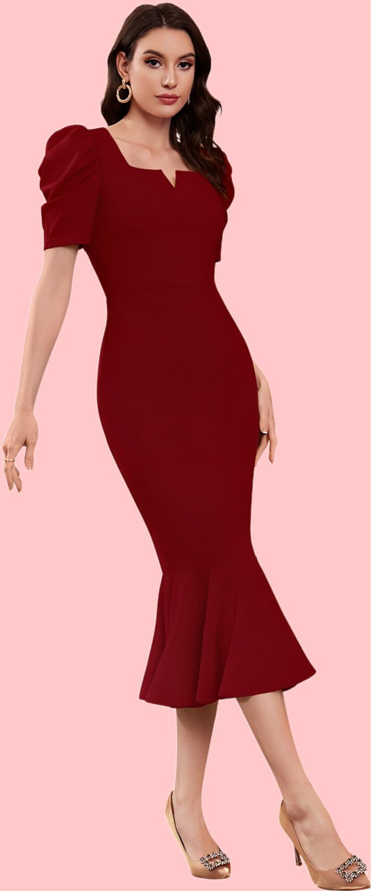 Elegant Maroon Mermaid Midi Dress with Puff Sleeves and Notch Neckline