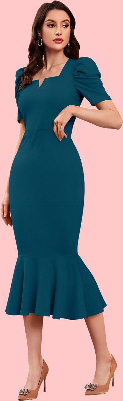 Elegant Teal Mermaid Midi Dress with Puff Sleeves and Notch Neckline
