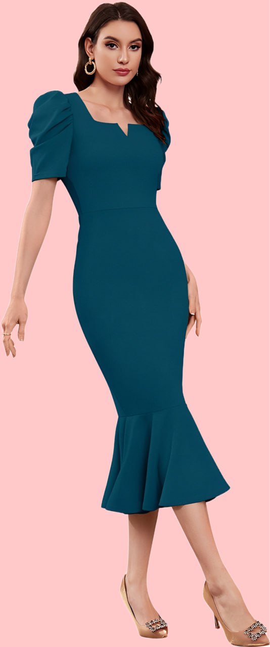 Elegant Teal Mermaid Midi Dress with Puff Sleeves and Notch Neckline
