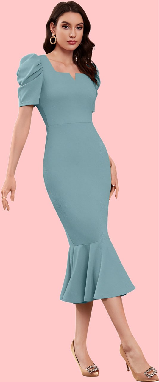 Elegant Seagreen Mermaid Midi Dress with Puff Sleeves and Notch Neckline