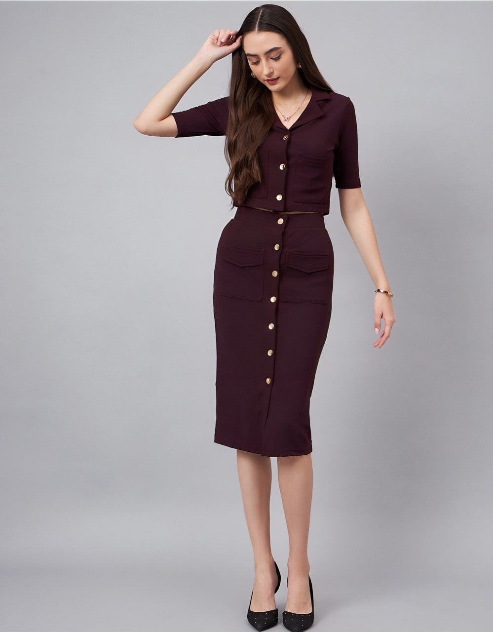 Women's Burgundy Co-Ord Set with Gold Button Detailing – Cropped Shirt & High-Waist Skirt