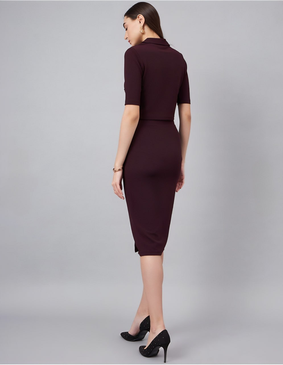 Women's Burgundy Co-Ord Set with Gold Button Detailing – Cropped Shirt & High-Waist Skirt