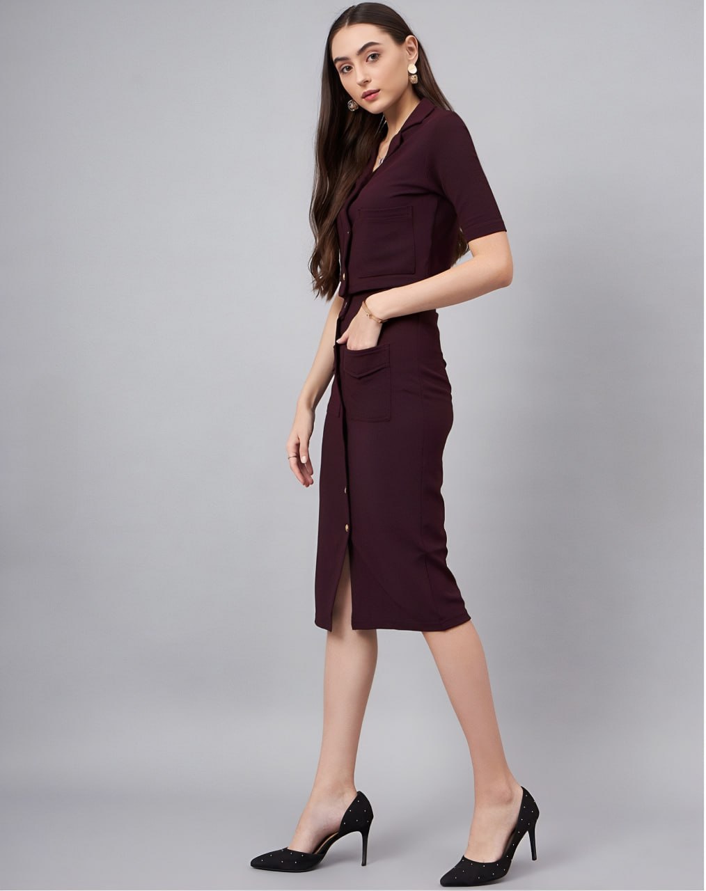 Women's Burgundy Co-Ord Set with Gold Button Detailing – Cropped Shirt & High-Waist Skirt