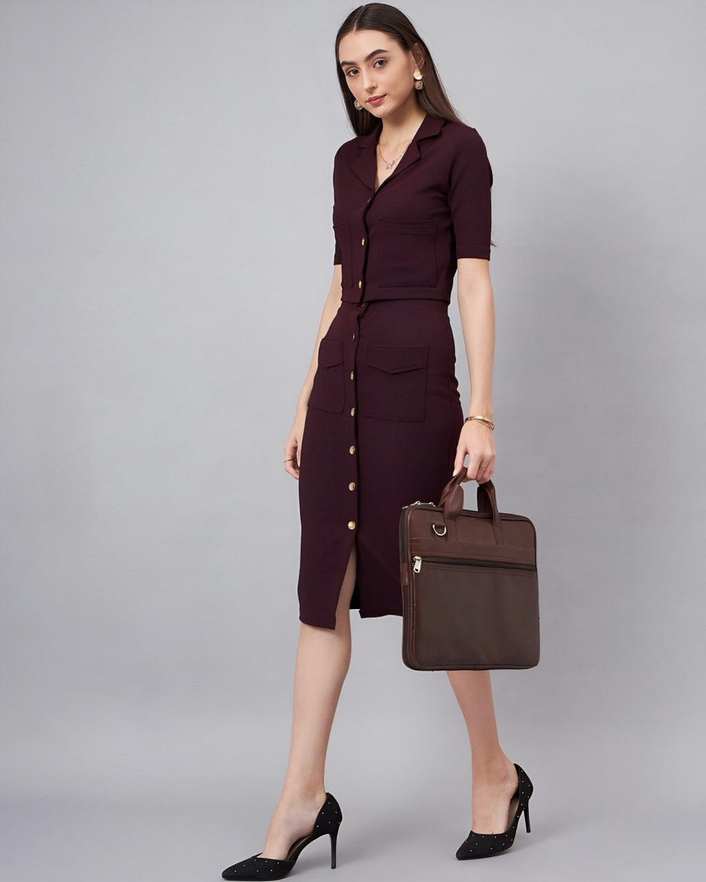 Women's Burgundy Co-Ord Set with Gold Button Detailing – Cropped Shirt & High-Waist Skirt