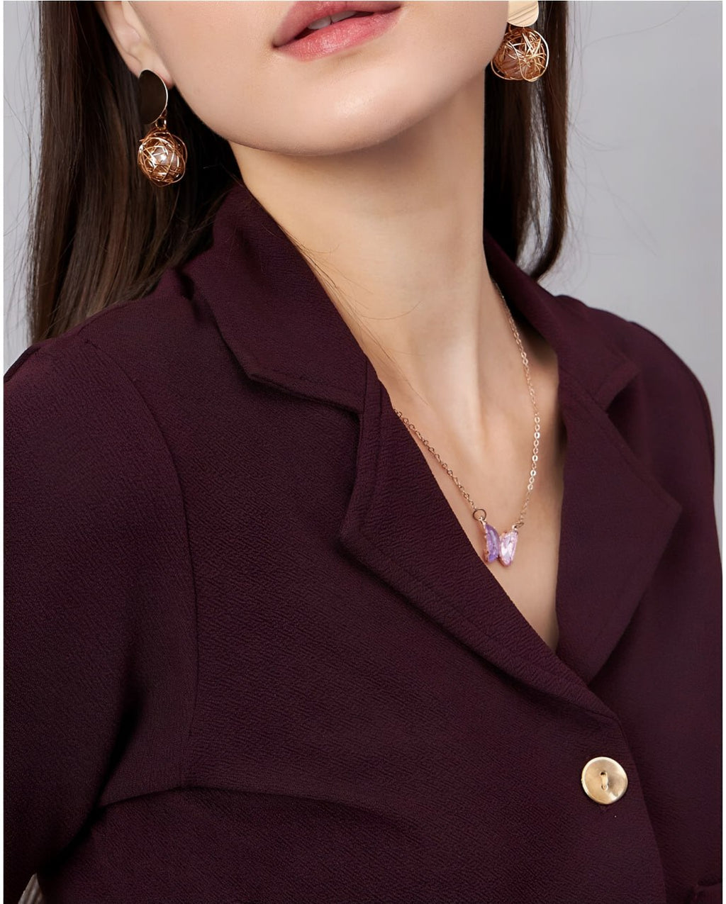 Women's Burgundy Co-Ord Set with Gold Button Detailing – Cropped Shirt & High-Waist Skirt