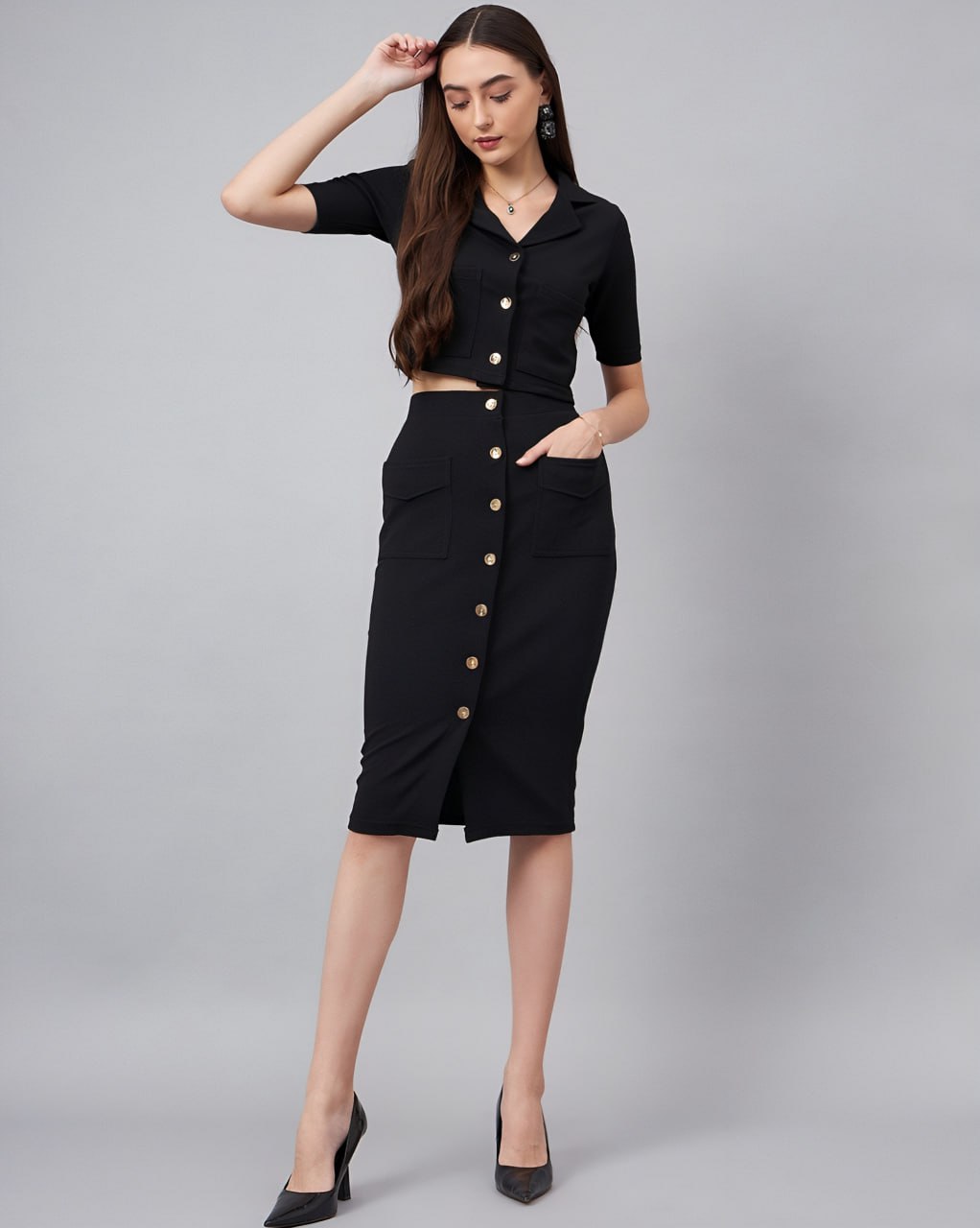 Women's Black Co-Ord Set with Gold Button Detailing – Cropped Shirt & High-Waist Skirt