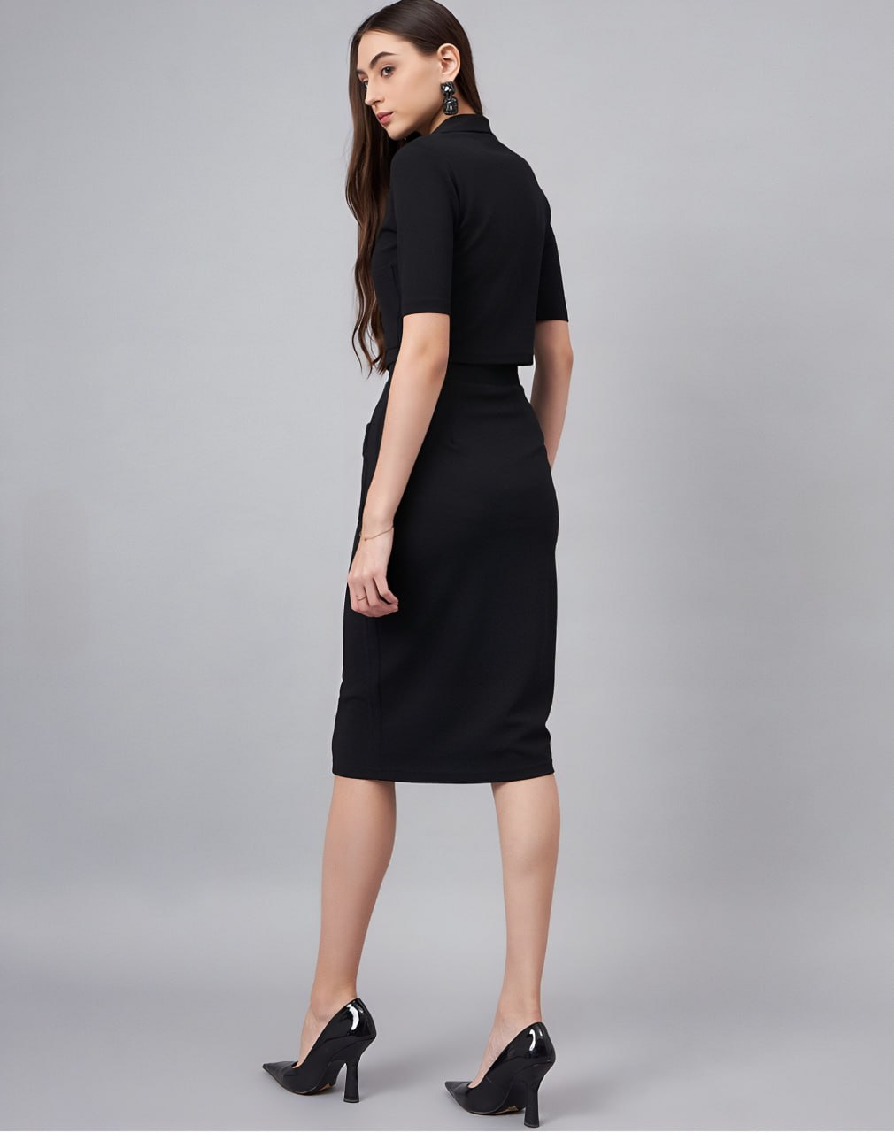 Women's Black Co-Ord Set with Gold Button Detailing – Cropped Shirt & High-Waist Skirt