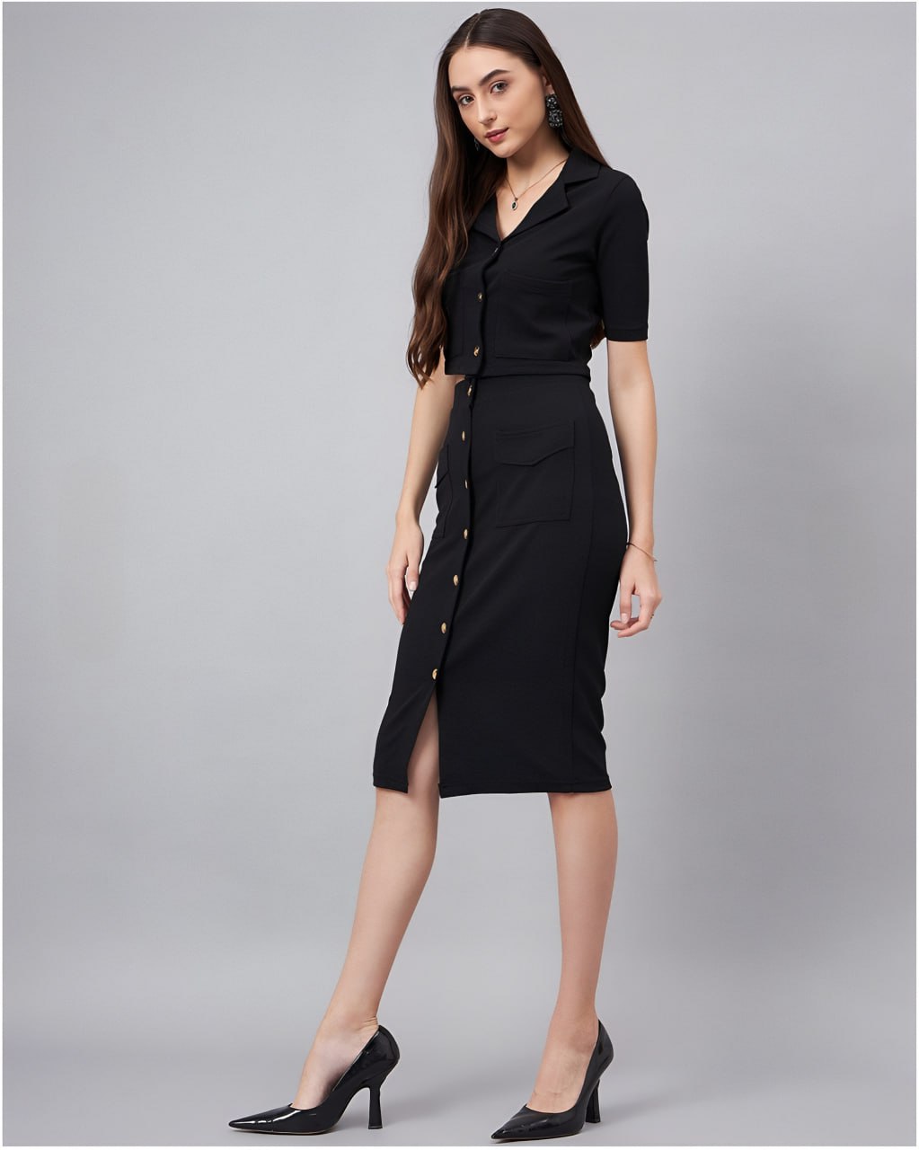 Women's Black Co-Ord Set with Gold Button Detailing – Cropped Shirt & High-Waist Skirt